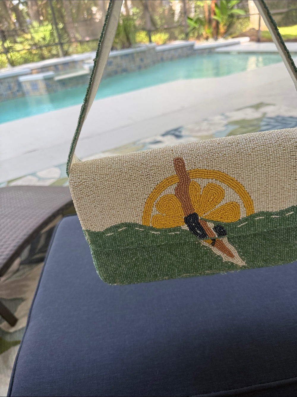 Beaded Shoulder Bag with Diver and Citrus Motif in Green and Cream